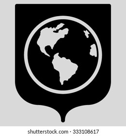 Earth Shield vector icon. Style is flat symbol, black color, rounded angles, light gray background.