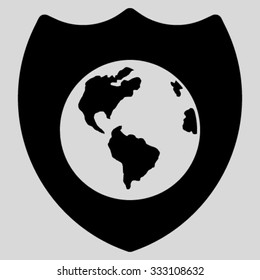 Earth Shield vector icon. Style is flat symbol, black color, rounded angles, light gray background.