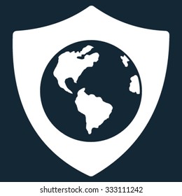 Earth Shield vector icon. Style is flat symbol, white color, rounded angles, dark blue background.