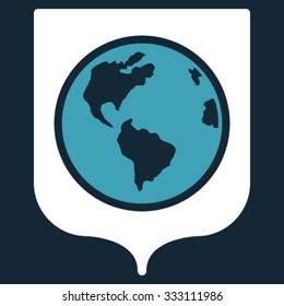 Earth Shield vector icon. Style is bicolor flat symbol, blue and white colors, rounded angles, dark blue background.