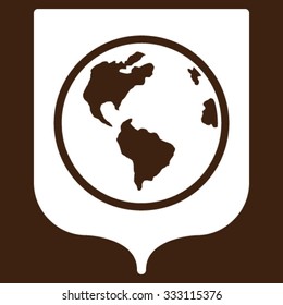 Earth Shield vector icon. Style is flat symbol, white color, rounded angles, brown background.