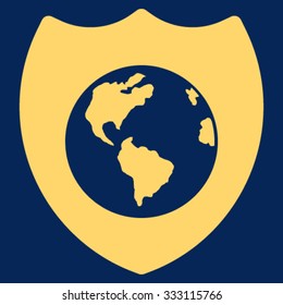 Earth Shield vector icon. Style is flat symbol, yellow color, rounded angles, blue background.