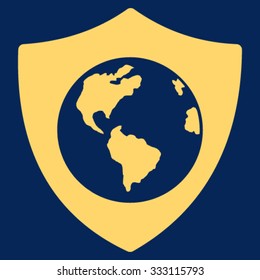 Earth Shield vector icon. Style is flat symbol, yellow color, rounded angles, blue background.