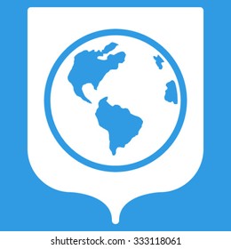 Earth Shield vector icon. Style is flat symbol, white color, rounded angles, blue background.