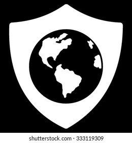 Earth Shield vector icon. Style is flat symbol, white color, rounded angles, black background.