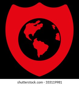 Earth Shield vector icon. Style is flat symbol, red color, rounded angles, black background.