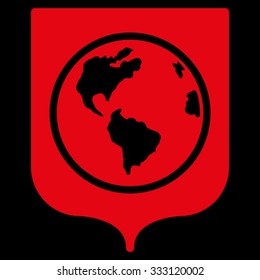 Earth Shield vector icon. Style is flat symbol, red color, rounded angles, black background.