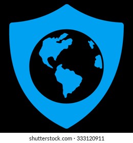 Earth Shield vector icon. Style is flat symbol, blue color, rounded angles, black background.