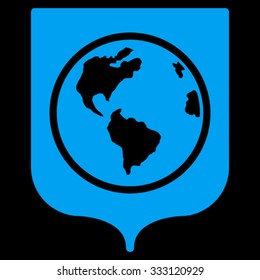 Earth Shield vector icon. Style is flat symbol, blue color, rounded angles, black background.
