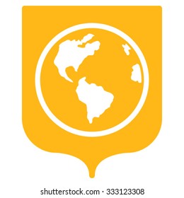 Earth Shield vector icon. Style is flat symbol, yellow color, rounded angles, white background.