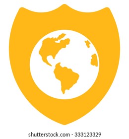 Earth Shield vector icon. Style is flat symbol, yellow color, rounded angles, white background.