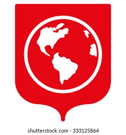 Earth Shield vector icon. Style is flat symbol, red color, rounded angles, white background.