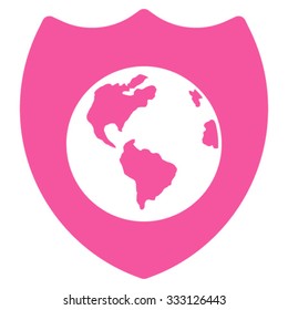 Earth Shield vector icon. Style is flat symbol, pink color, rounded angles, white background.