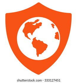 Earth Shield vector icon. Style is flat symbol, orange color, rounded angles, white background.