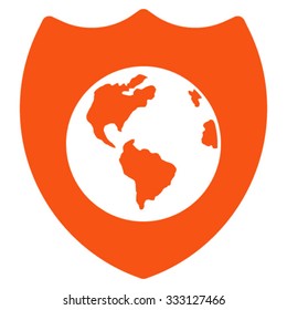 Earth Shield vector icon. Style is flat symbol, orange color, rounded angles, white background.