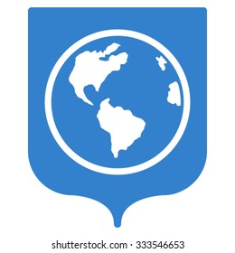 Earth Shield vector icon. Style is flat symbol, cobalt color, rounded angles, white background.