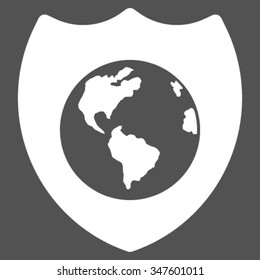 Earth Shield vector icon. Style is flat symbol, white color, rounded angles, gray background.