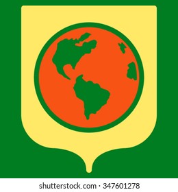 Earth Shield vector icon. Style is bicolor flat symbol, orange and yellow colors, rounded angles, green background.