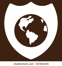 Earth Shield vector icon. Style is flat symbol, white color, rounded angles, brown background.