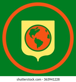 Earth Shield vector icon. Style is bicolor flat circled symbol, orange and yellow colors, rounded angles, green background.