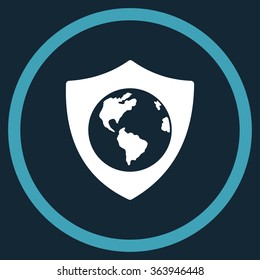 Earth Shield vector icon. Style is bicolor flat circled symbol, blue and white colors, rounded angles, dark blue background.