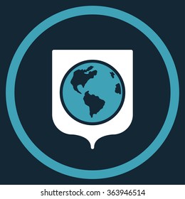 Earth Shield vector icon. Style is bicolor flat circled symbol, blue and white colors, rounded angles, dark blue background.