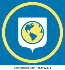 Earth Shield vector icon. Style is bicolor flat circled symbol, yellow and white colors, rounded angles, blue background.