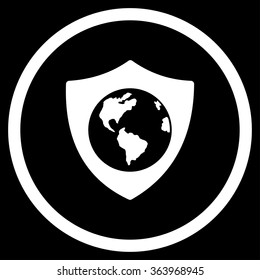 Earth Shield vector icon. Style is flat circled symbol, white color, rounded angles, black background.