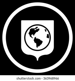 Earth Shield vector icon. Style is flat circled symbol, white color, rounded angles, black background.