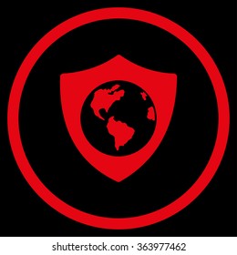 Earth Shield vector icon. Style is flat circled symbol, red color, rounded angles, black background.