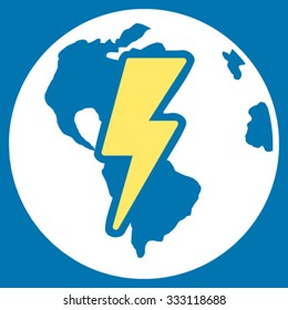 Earth Shock vector icon. Style is bicolor flat symbol, yellow and white colors, rounded angles, blue background.