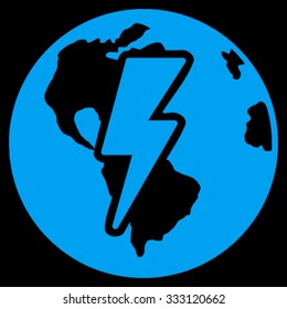 Earth Shock vector icon. Style is flat symbol, blue color, rounded angles, black background.