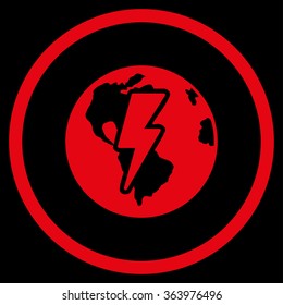 Earth Shock vector icon. Style is flat circled symbol, red color, rounded angles, black background.