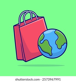 Earth And Shopping Bag Cartoon Vector Icon Illustration. 
Business Nature Icon Concept Isolated Premium Vector. Flat 
Cartoon Style 