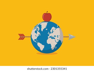 Earth was shot by arrow with apple on top. Vector illustration