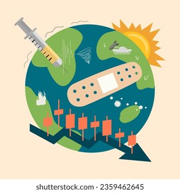 La Terre est malade. Le changement climatique affecte les catastrophes naturelles dans le monde entier. Crise de la pandémie et de la guerre à la récession économique. Impact du réchauffement climatique sur les conditions météorologiques extrêmes.