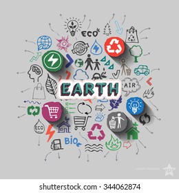 Earth sign. Environment collage with icons background. Vector illustration