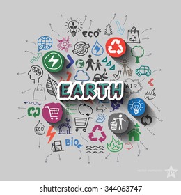 Earth sign. Environment collage with icons background. Vector illustration