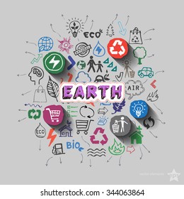 Earth sign. Environment collage with icons background. Vector illustration