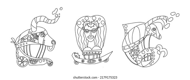 Earth signs Virgo, Taurus, Capricorn. Zodiac signs in the form of airship icons in steampunk style. Zodiac set of astrological elements in steampunk style, hand-drawn in linear doodle style.