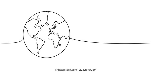 Earth silhouette one line continuous drawing. World map silhouette continuous one line illustration. Vector minimalist linear illustration.