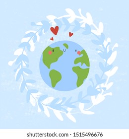 Earth simple character with Floral wreath - cute vector illustration. Beautiful background with Planet and hearts. Earth day concept design.