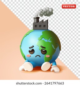 Earth sits listlessly due to factory pollution, 3d vector. Suitable for design elements