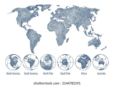 Earth sketches. World sketch scribble international map, globe doodle drawings, vector outlined global cartography, planet georaphy sketching