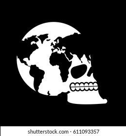 Earth skull. head of skeleton is planet. Continents and Oceans. global Death
