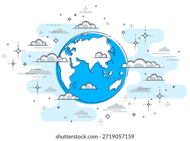 Terra no céu cercado por nuvens bela ilustração de linha fina isolada sobre fundo branco, vetor.