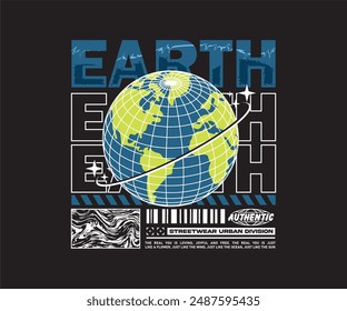 earth slogan with planet earth in grid vector illustration on black background for posters, fashion print design, streetwear, urban style t shirt design, hoodies, other creative uses.