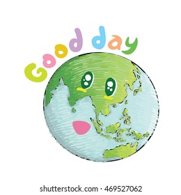 Earth with smiling face. Nature concept. Eco design for earth-day. Globe drawing in doodles style.