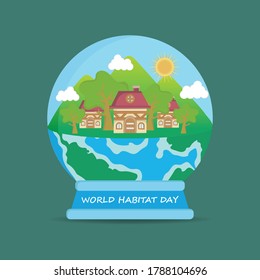 Earth in snow globe. Vector illustration for World Habitat Day. Can used for greeting card, banner, background.