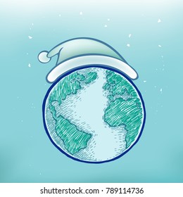 Earth with snowflakes on blue background. Hello winter in hand drawn style. Cartoon design for Christmas and new year greeting card.